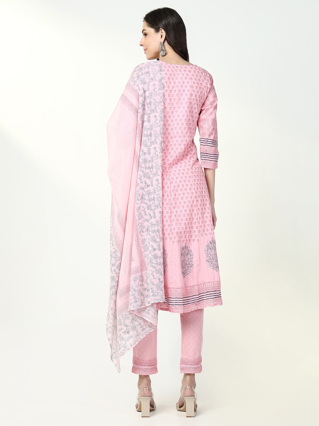 Women Floral Pink Anarkali Kurta Set with Dupatta