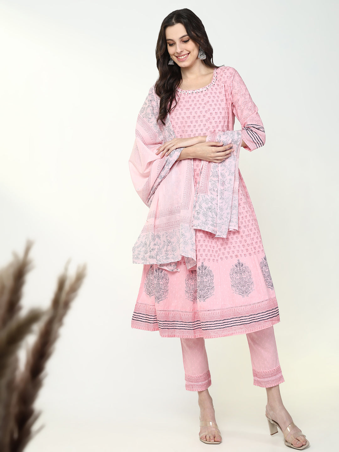 Women Floral Pink Anarkali Kurta Set with Dupatta