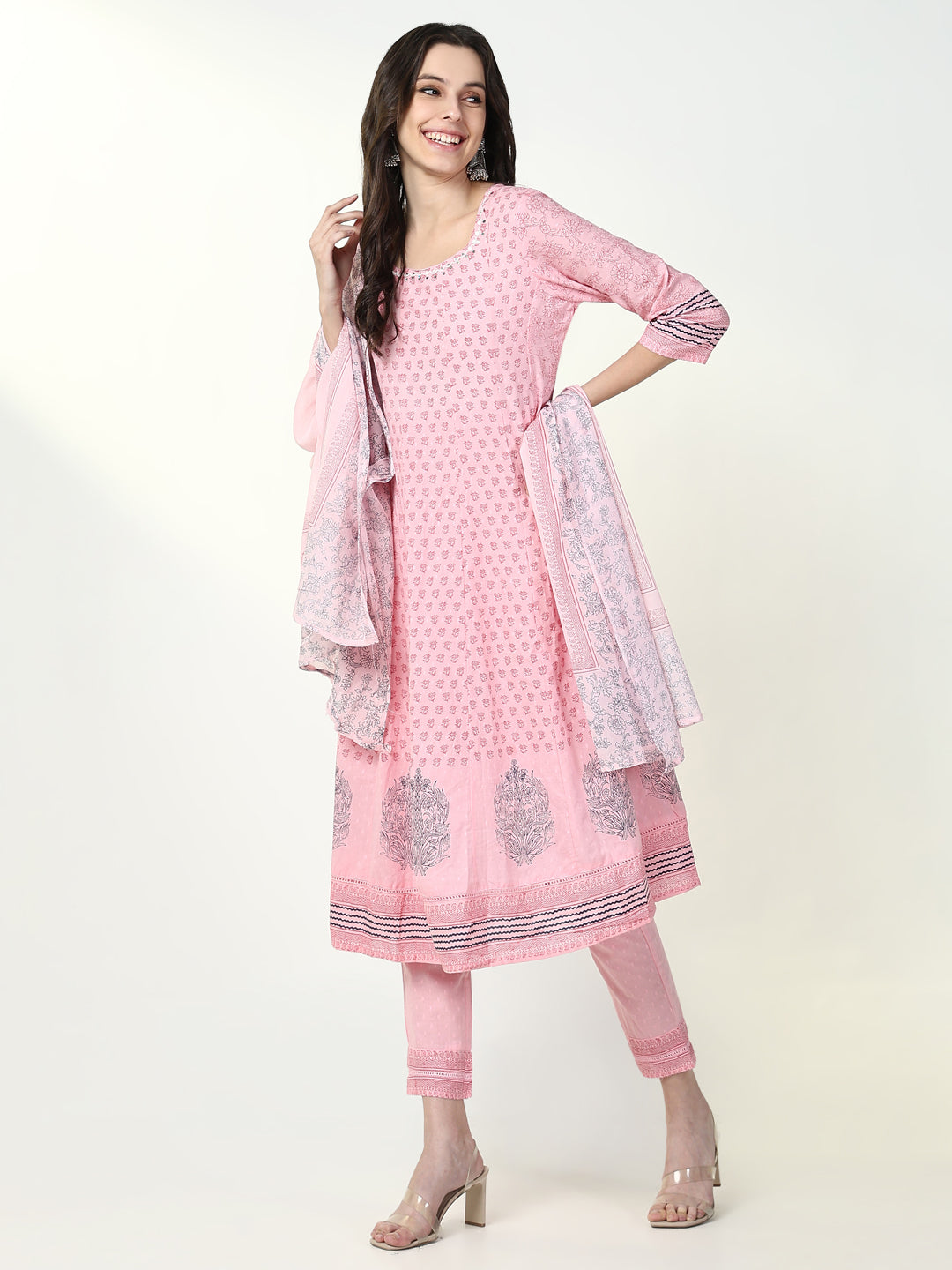 Women Floral Pink Anarkali Kurta Set with Dupatta