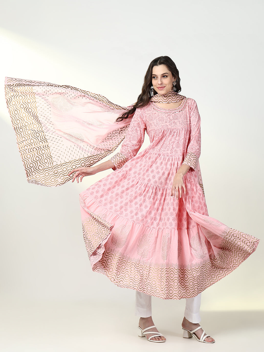 Women Pink Floral Anarkali Kurta with Dupatta