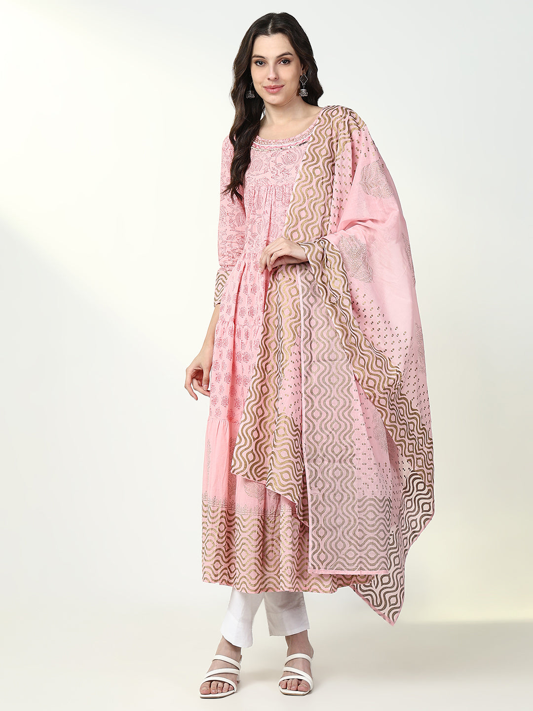 Women Pink Floral Anarkali Kurta with Dupatta