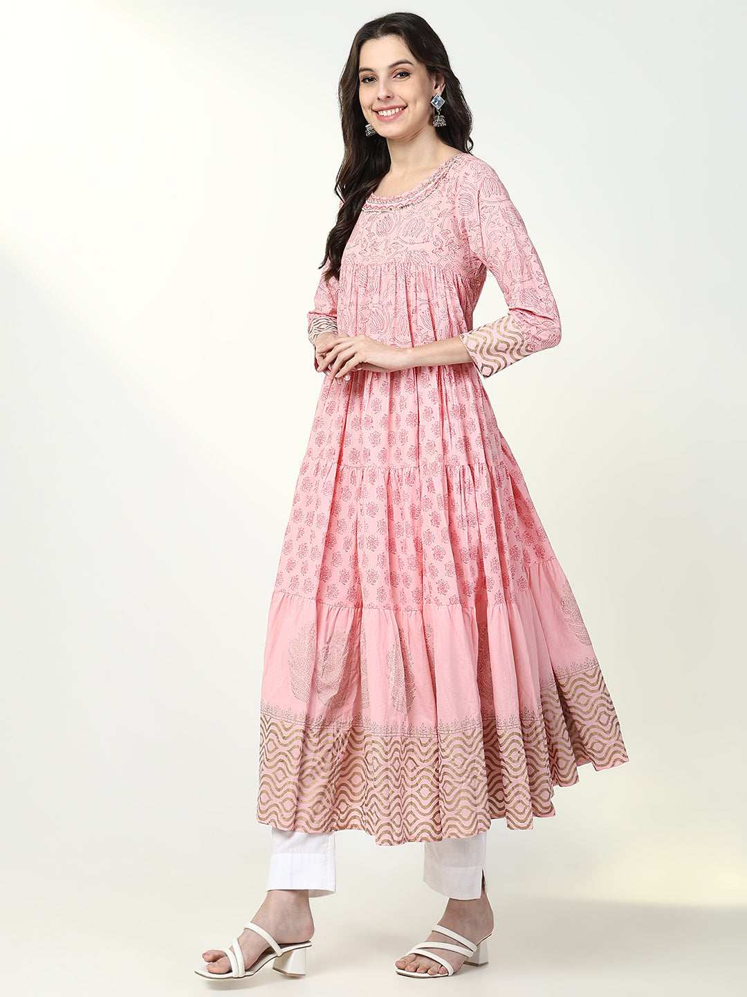 Women Pink Floral Anarkali Kurta with Dupatta