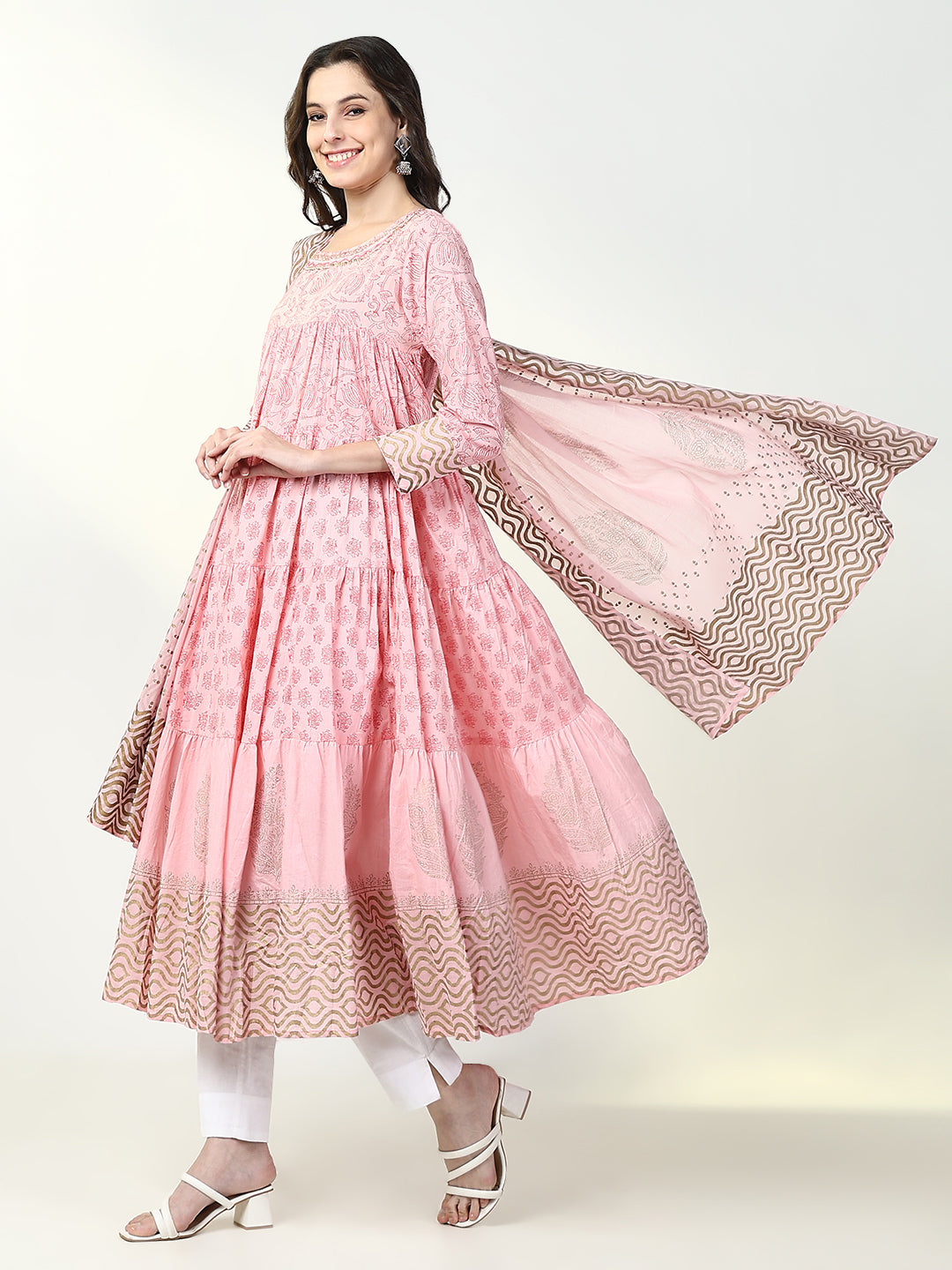 Women Pink Floral Anarkali Kurta with Dupatta