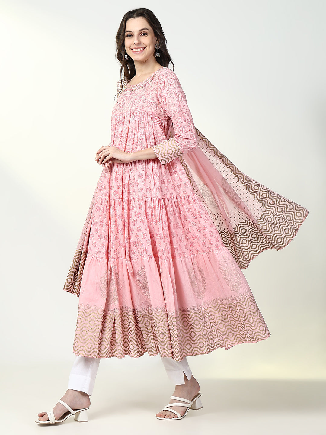 Women Pink Floral Anarkali Kurta with Dupatta