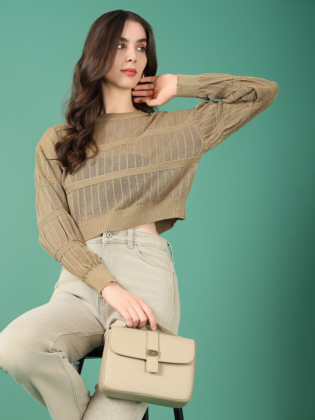 Women's Khaki Solid Crochet Top