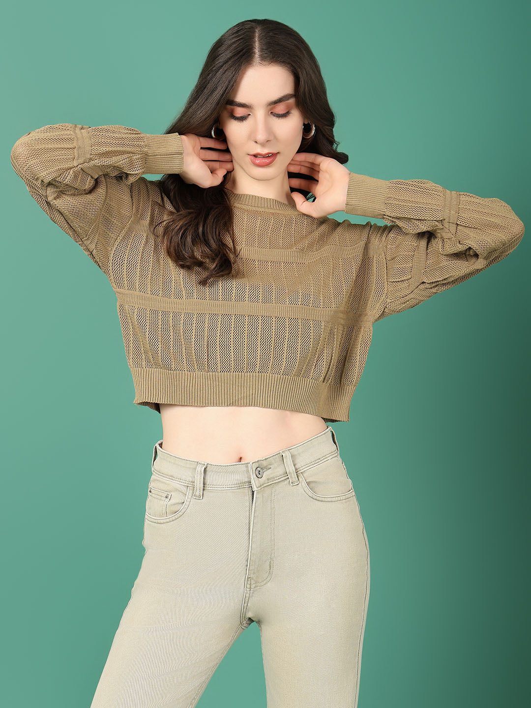 Women's Khaki Solid Crochet Top