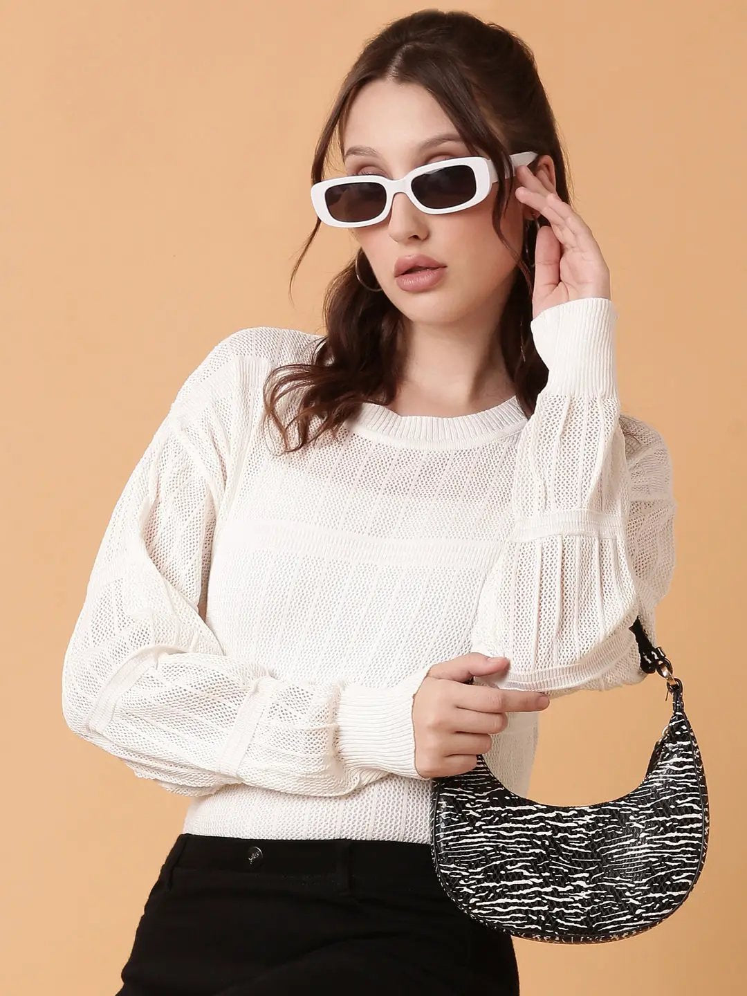 Women's White Striped Crochet Top