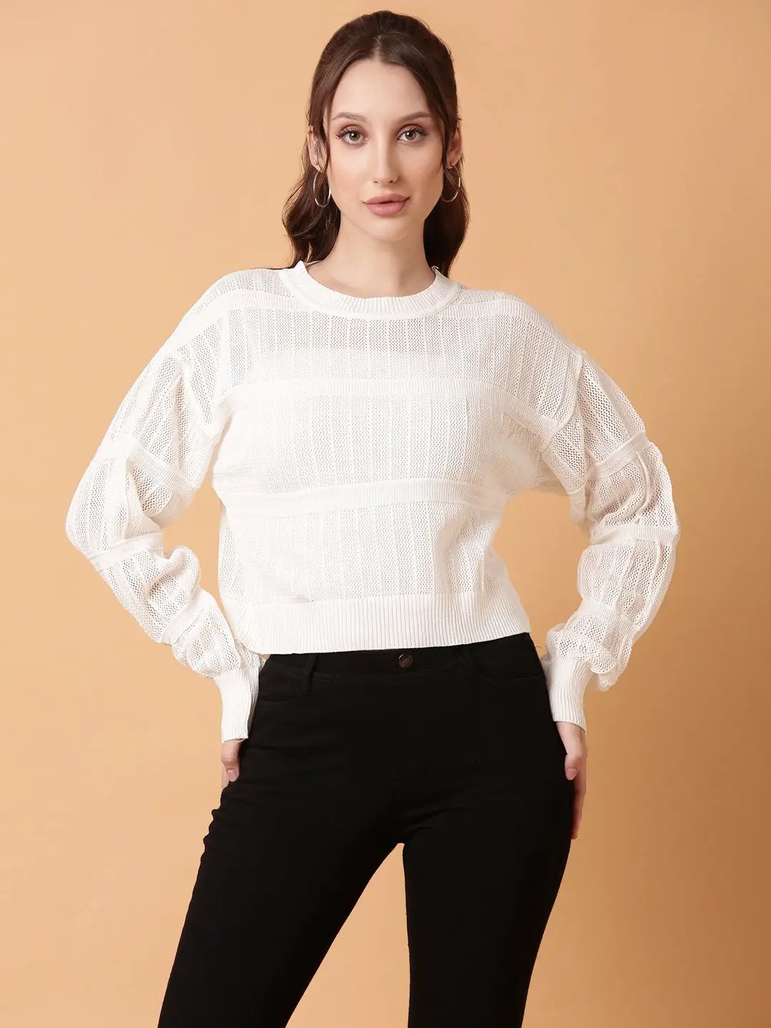 Women's White Striped Crochet Top