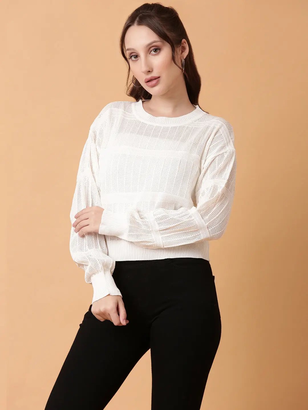 Women's White Striped Crochet Top