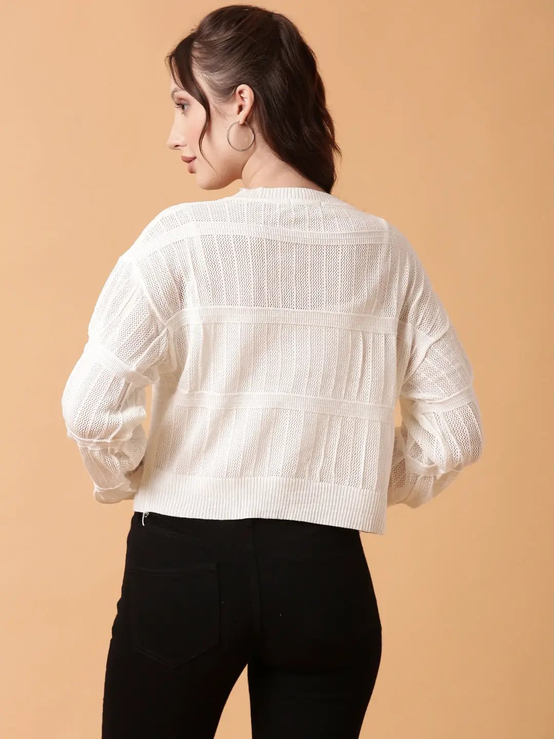Women's White Striped Crochet Top