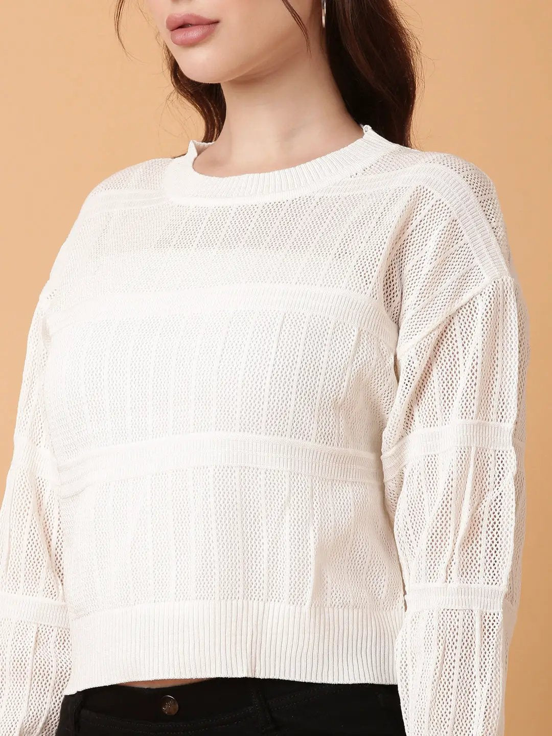Women's White Striped Crochet Top