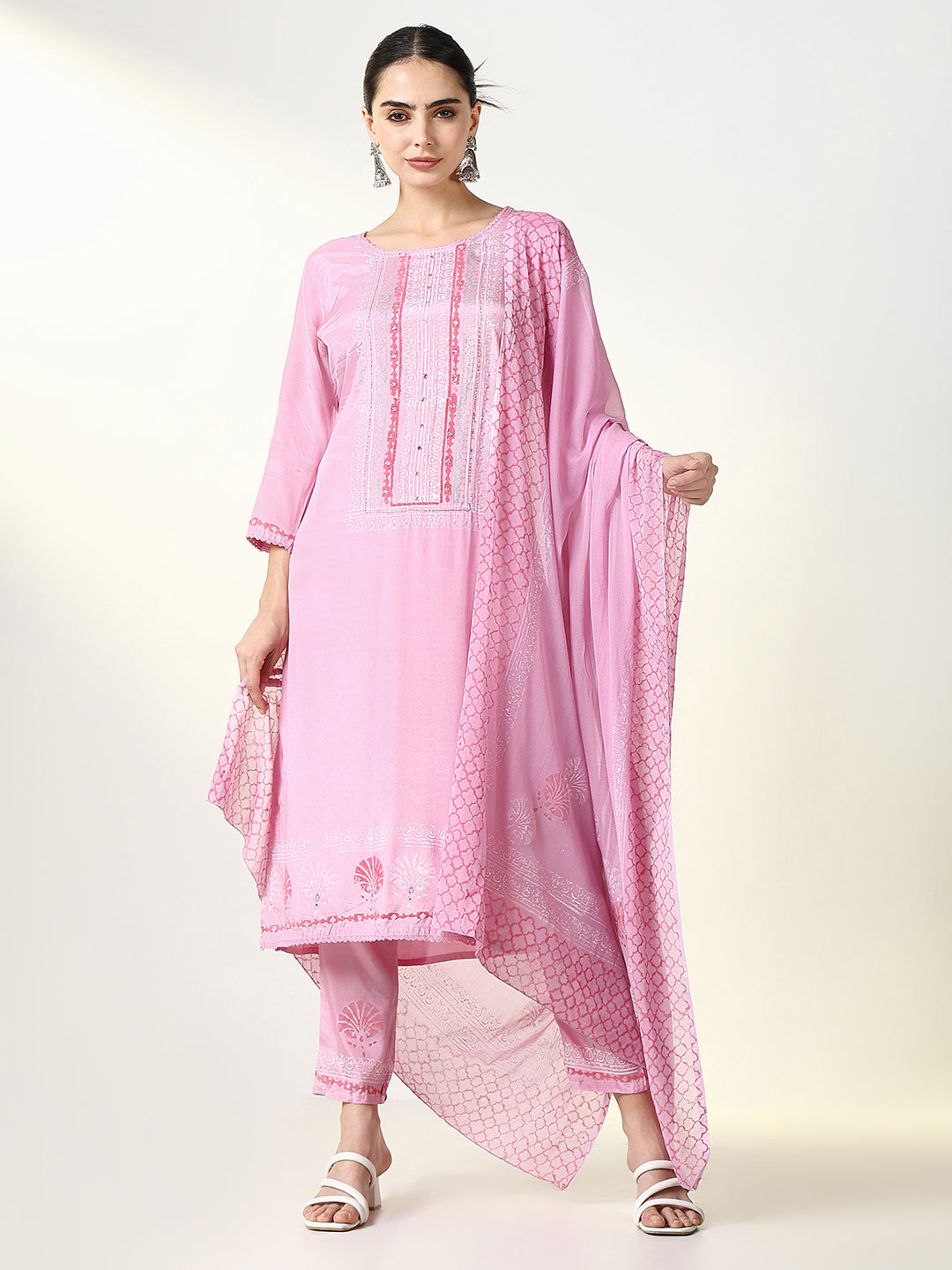 Women Floral Pink Straight Kurta Set with Dupatta