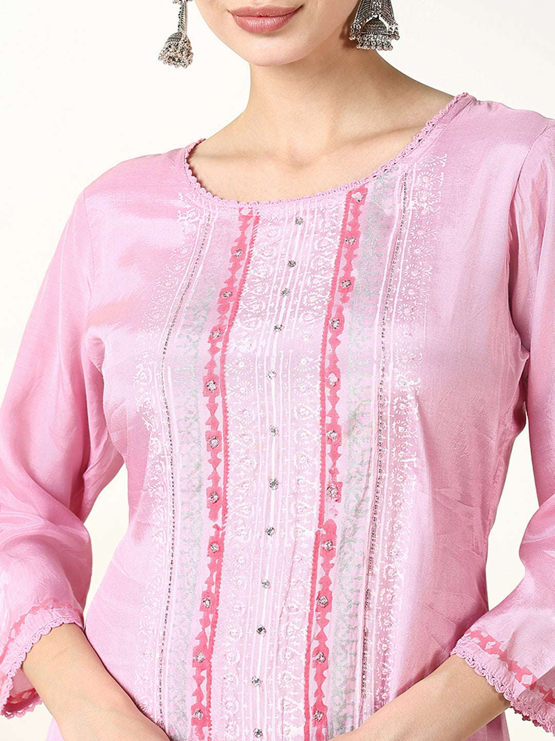 Women Floral Pink Straight Kurta Set with Dupatta