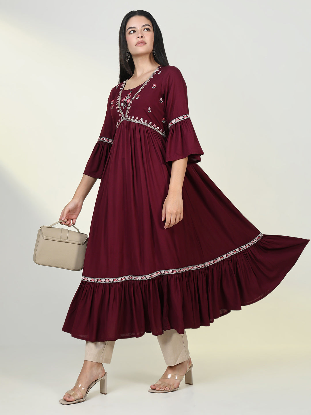 Women Solid Maroon Anarkali Kurta