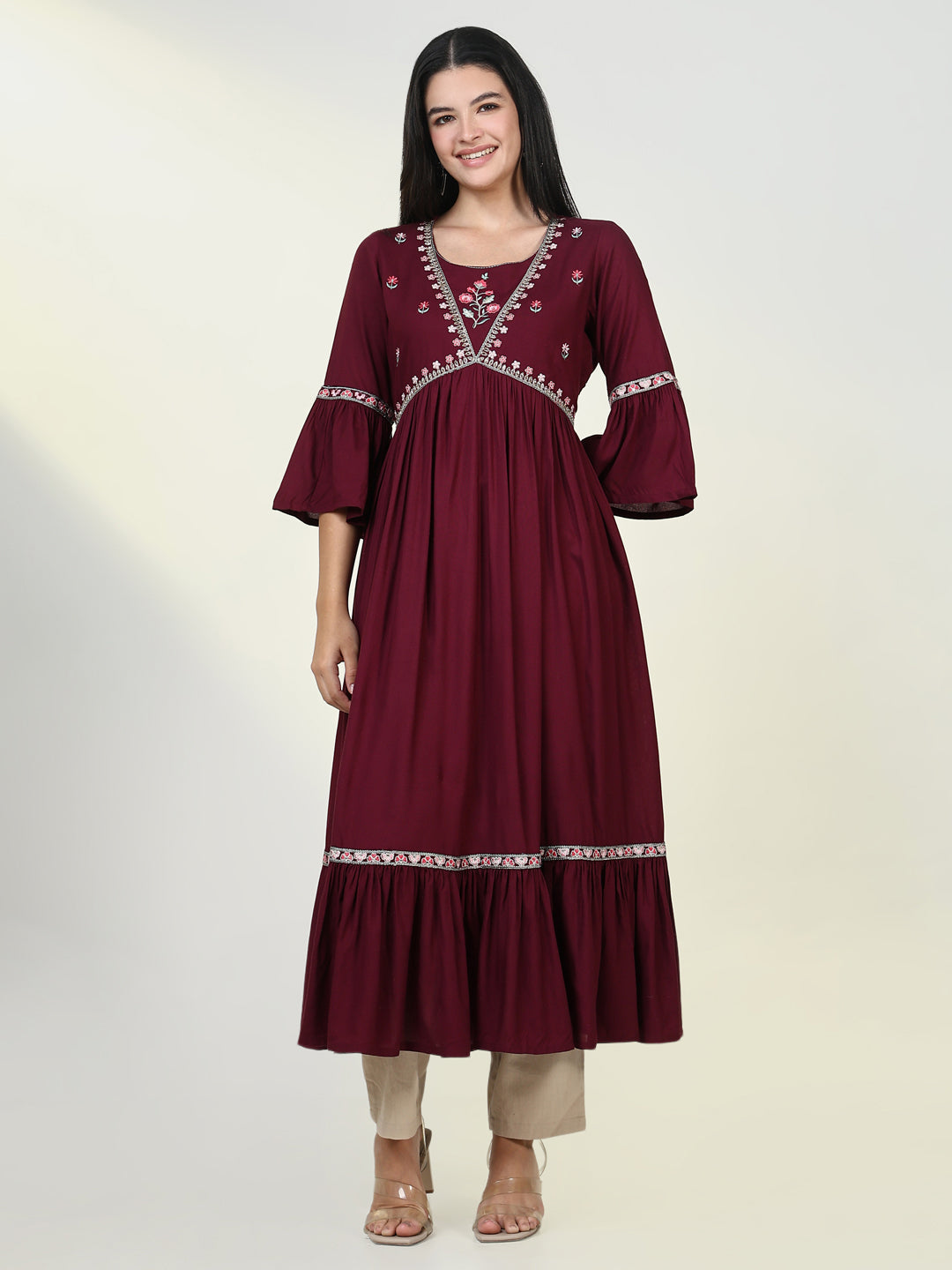 Women Solid Maroon Anarkali Kurta