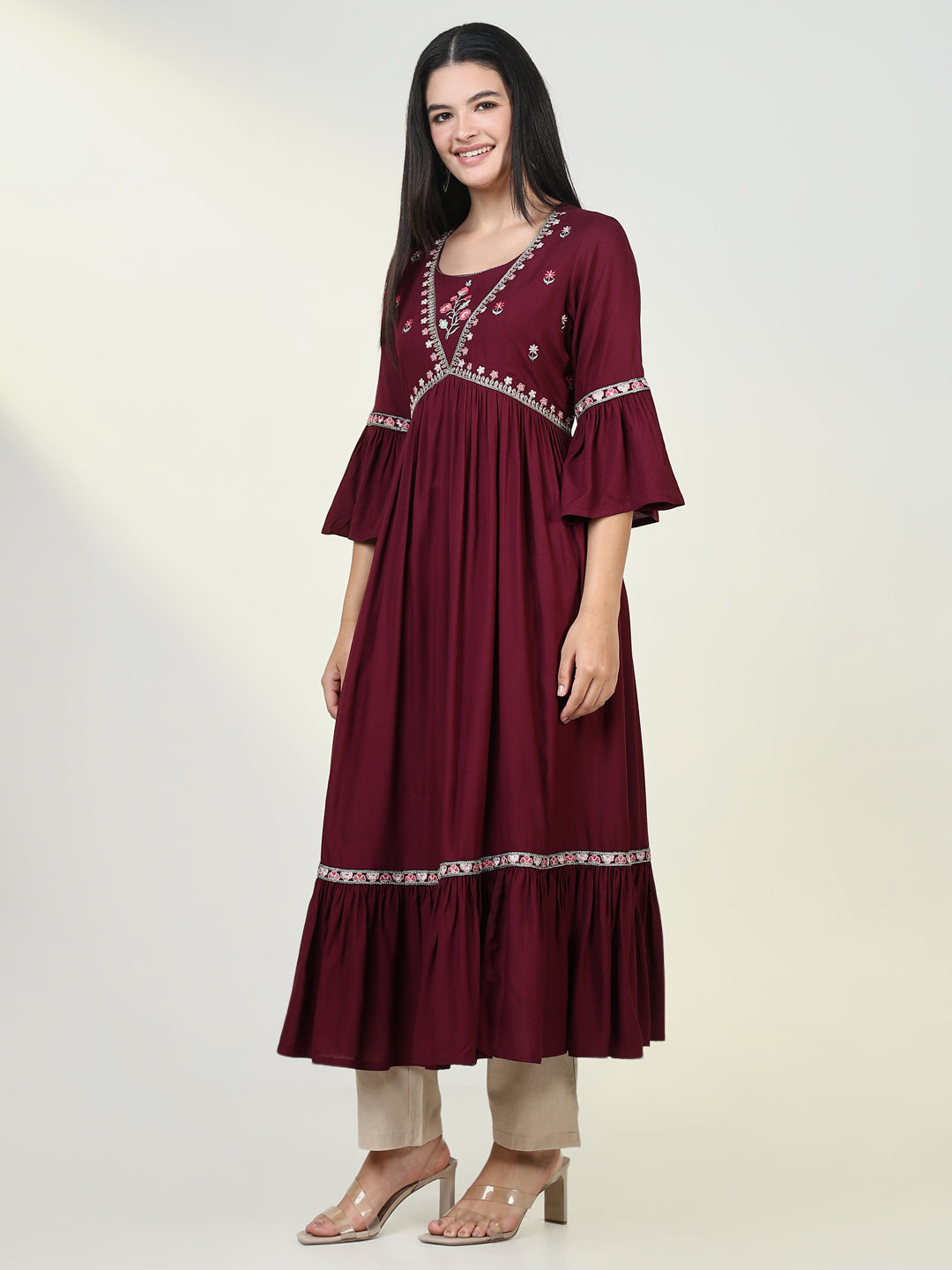 Women Solid Maroon Anarkali Kurta