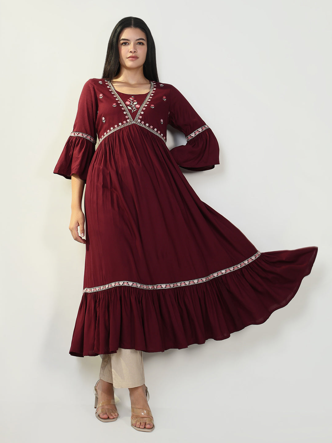 Women Solid Maroon Anarkali Kurta