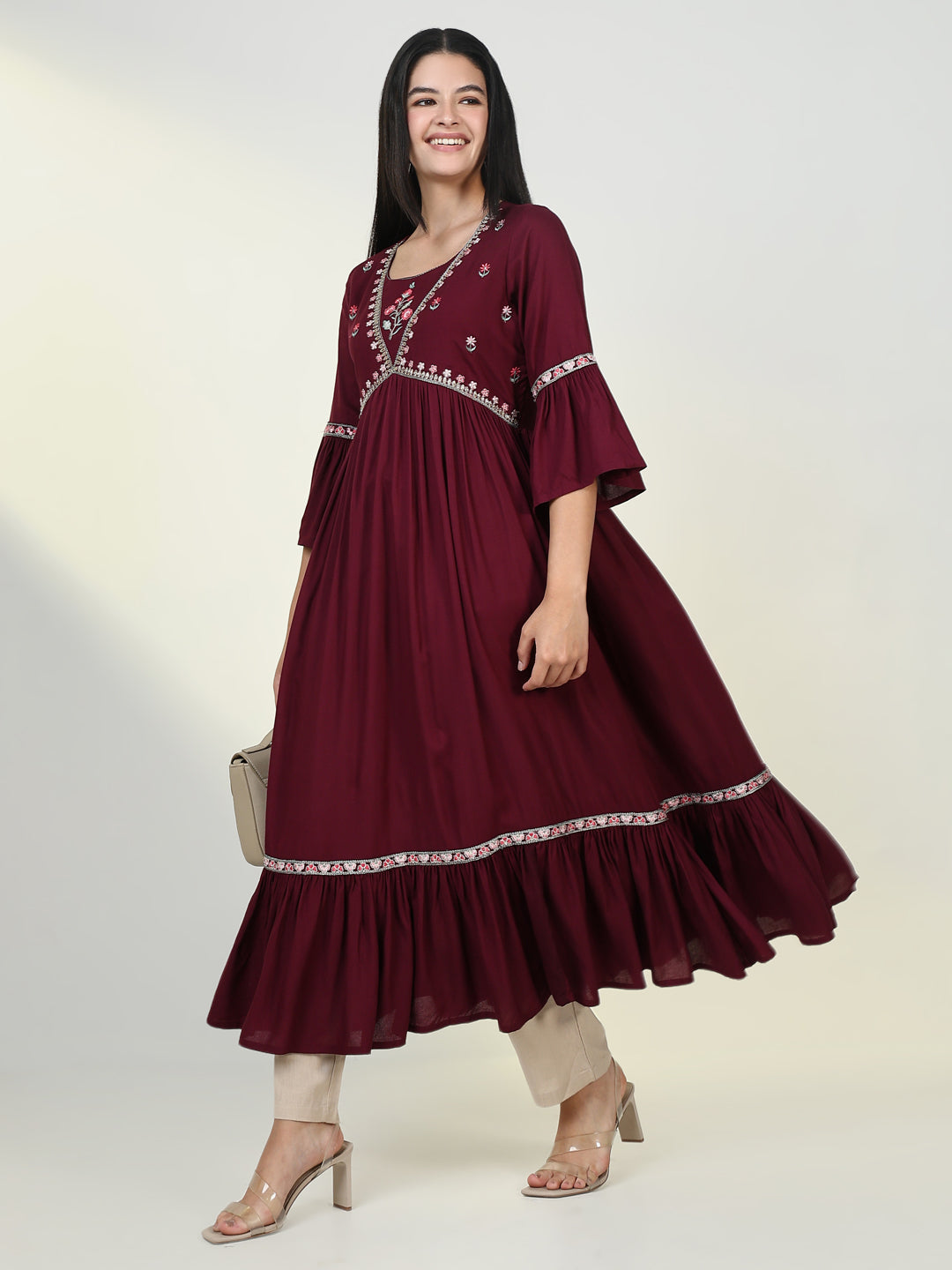 Women Solid Maroon Anarkali Kurta