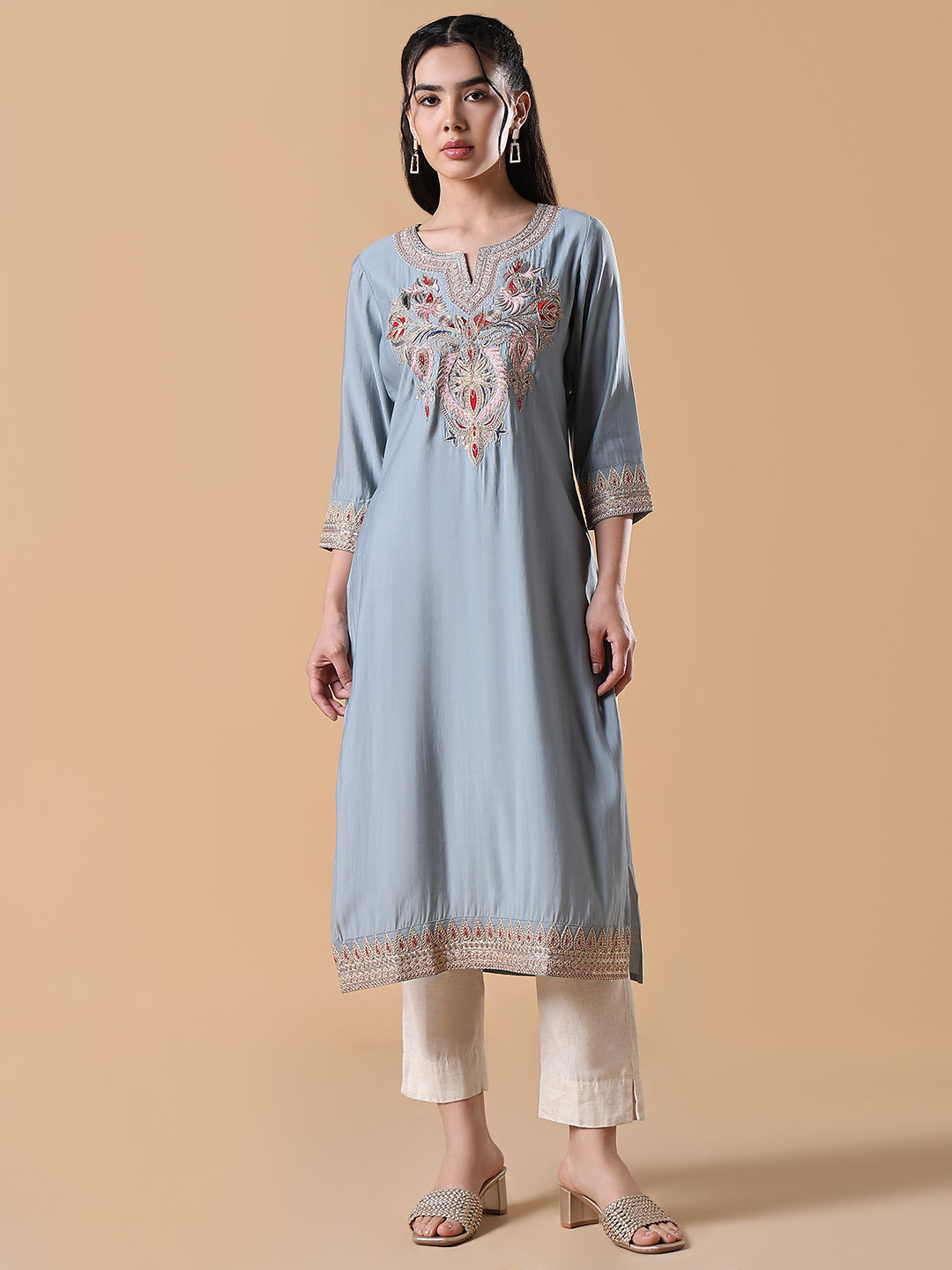 Women Grey Solid Embroidered Straight Kurta