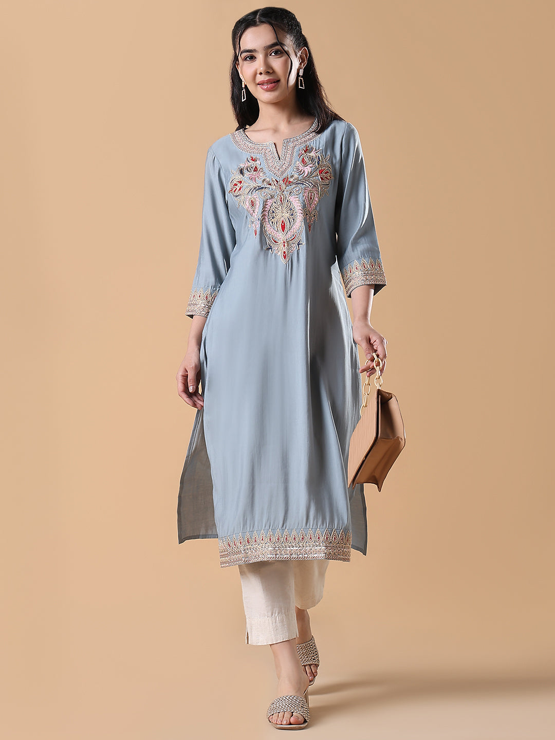 Women Grey Solid Embroidered Straight Kurta