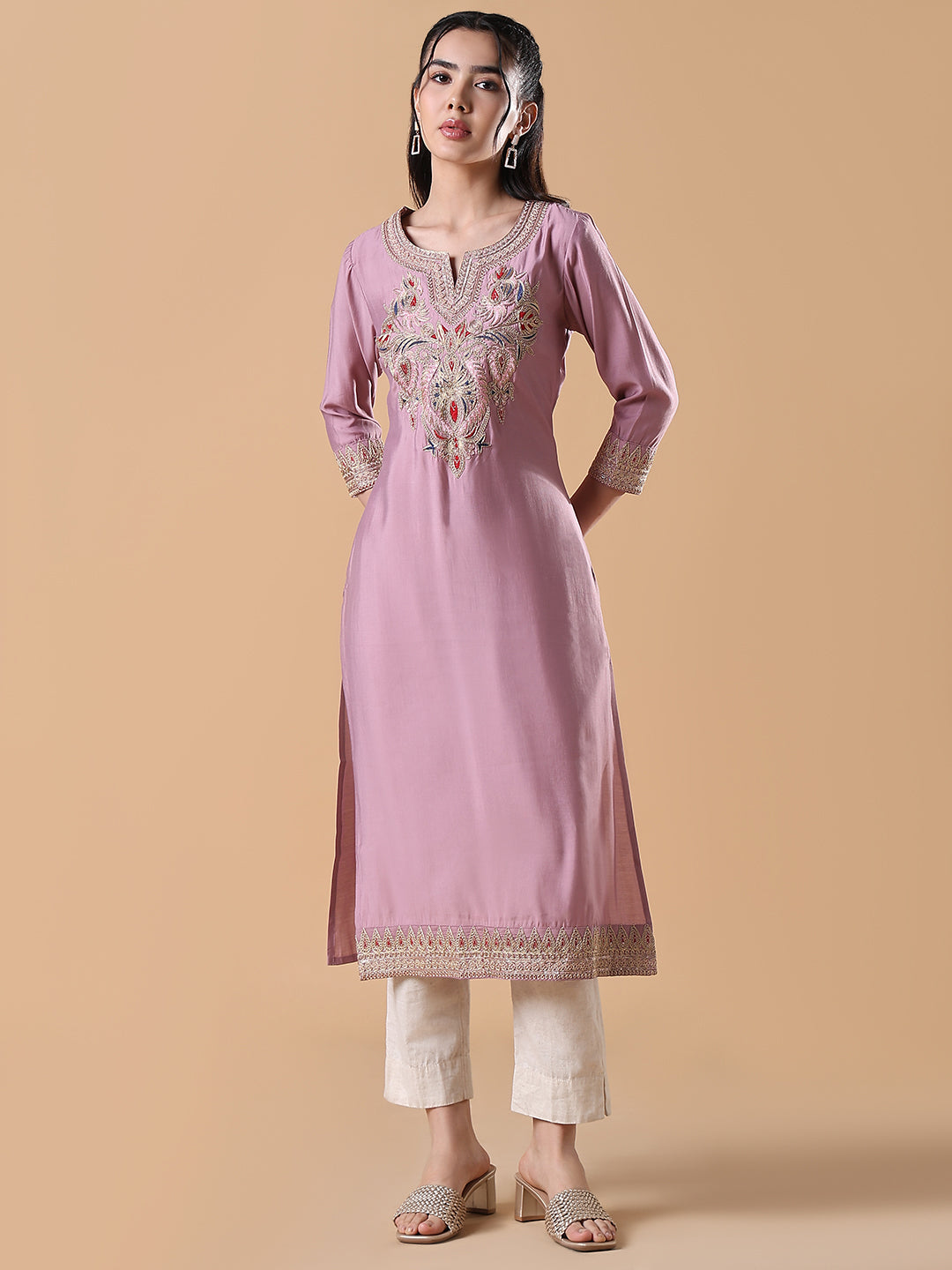 Women Pink Embroidered Straight Kurta