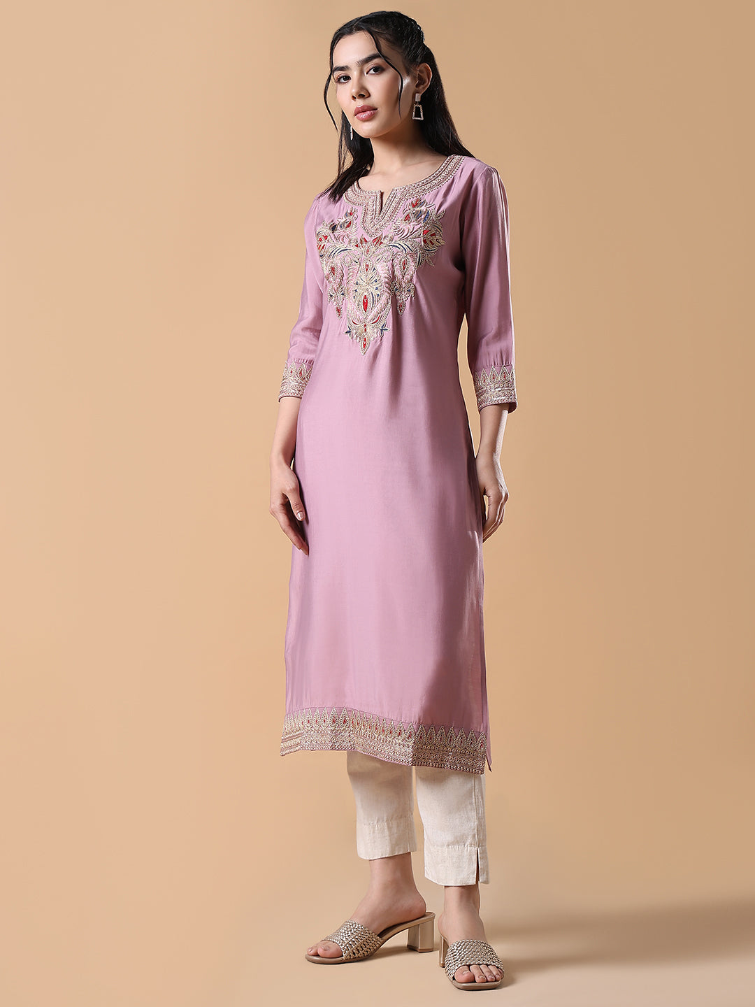 Women Pink Embroidered Straight Kurta