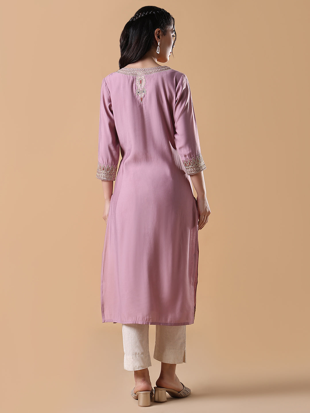 Women Pink Embroidered Straight Kurta