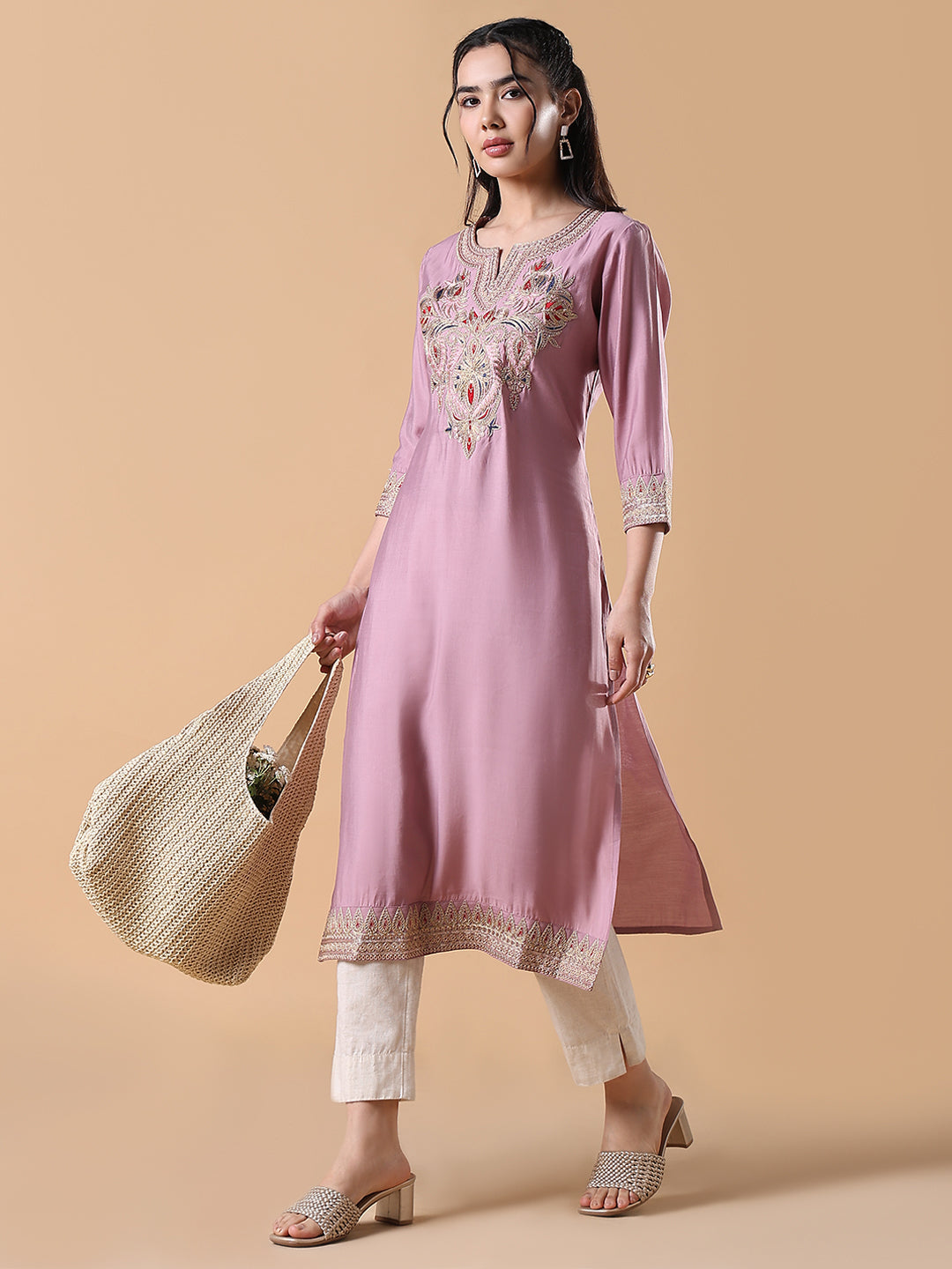 Women Pink Embroidered Straight Kurta