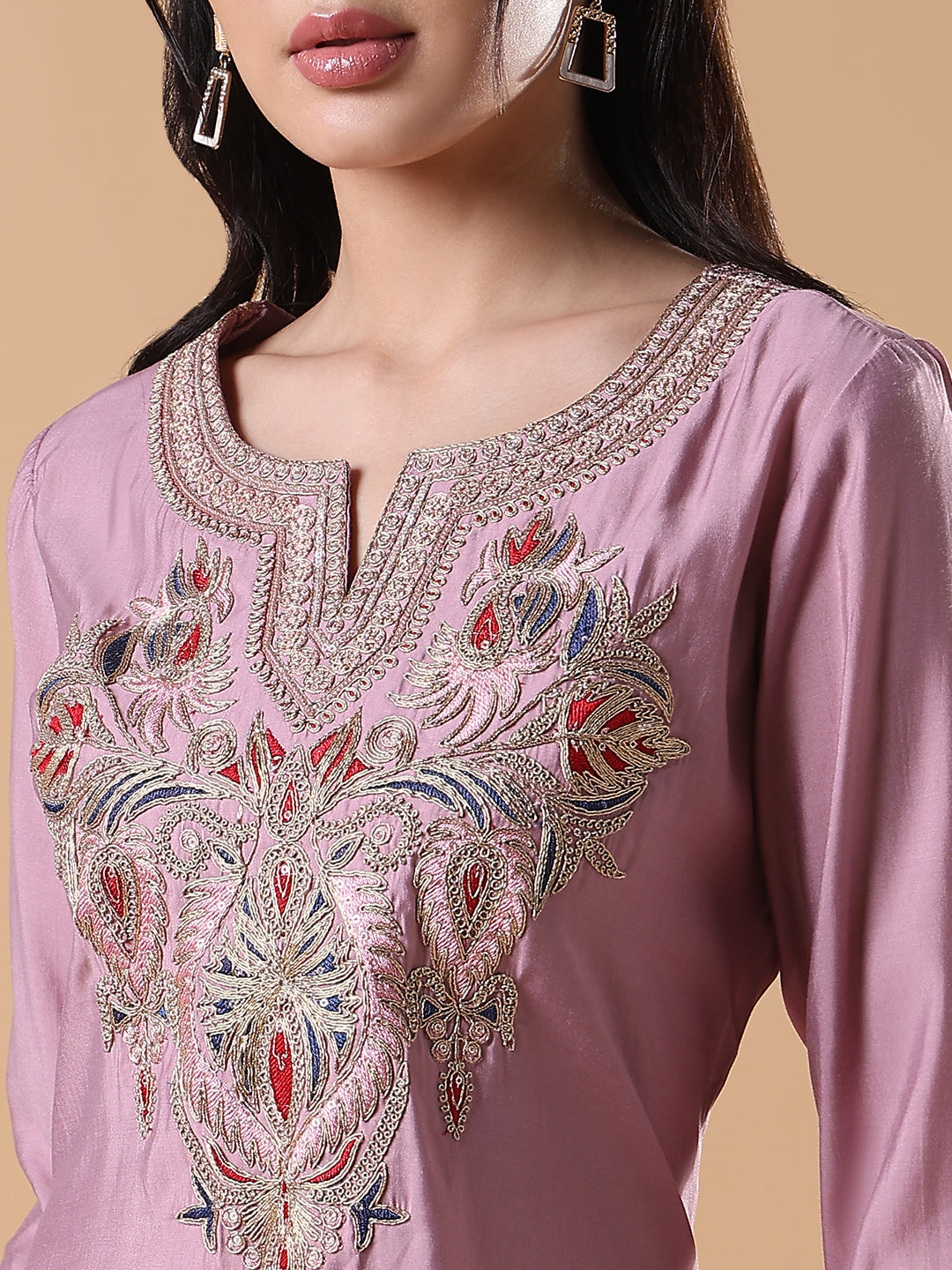 Women Pink Embroidered Straight Kurta