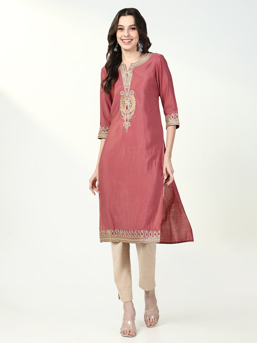 Women Pink Solid Straight Kurta