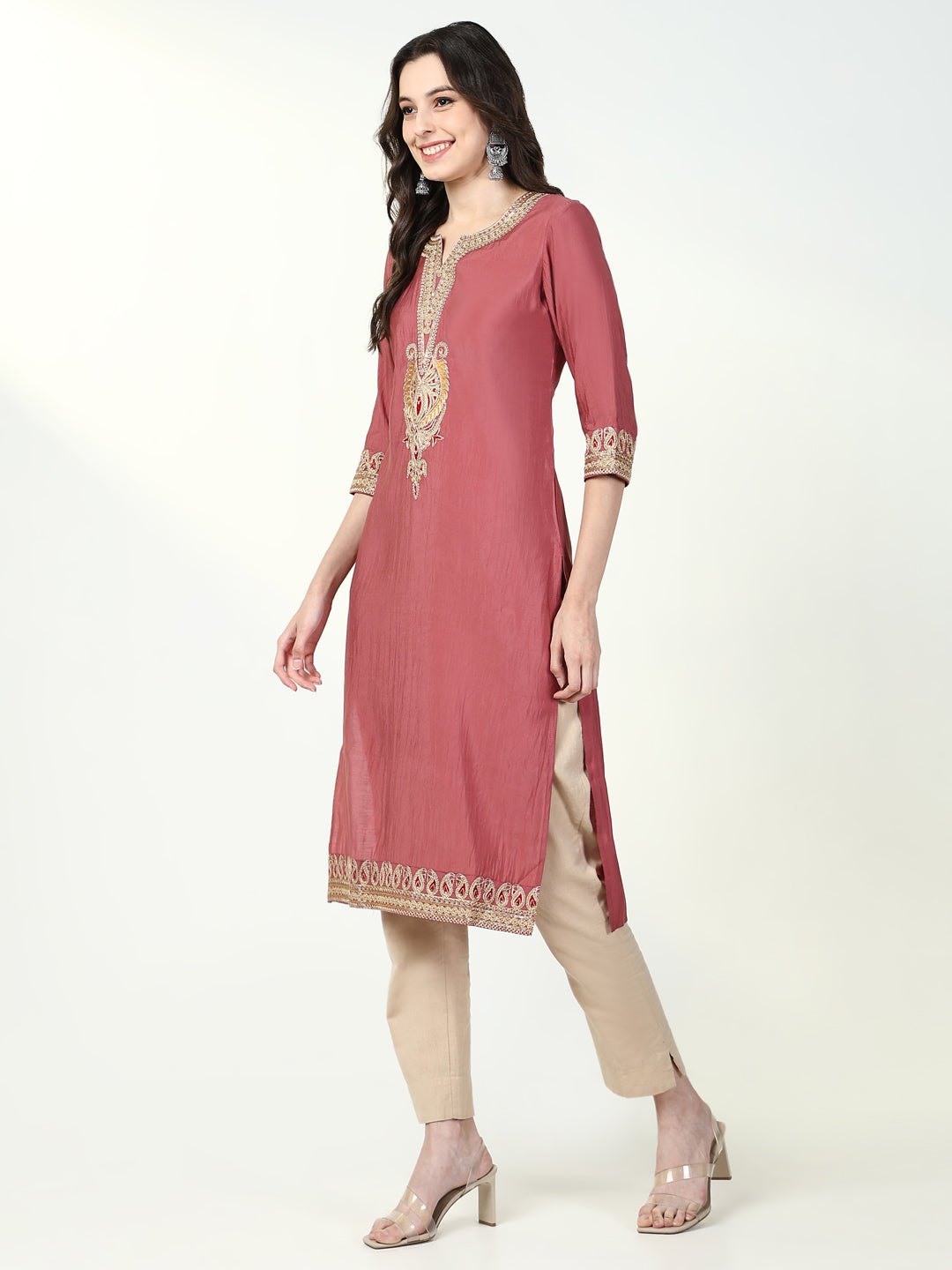 Women Pink Solid Straight Kurta