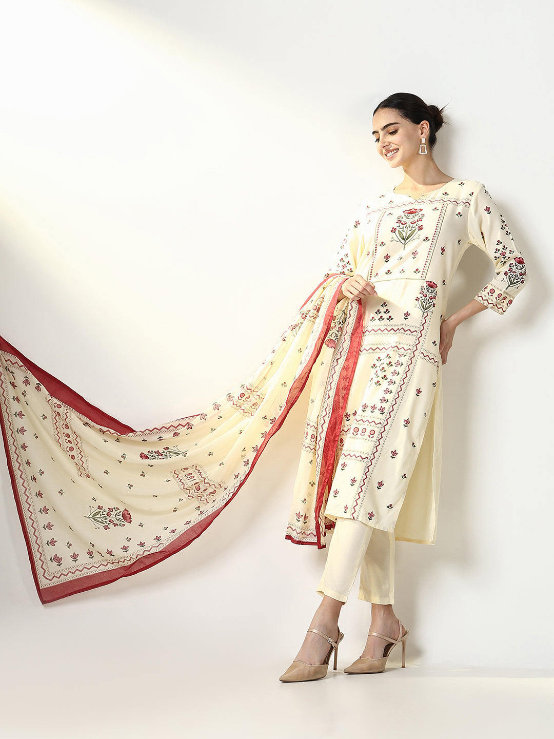 Women Floral Cream Straight Kurta Set with Dupatta