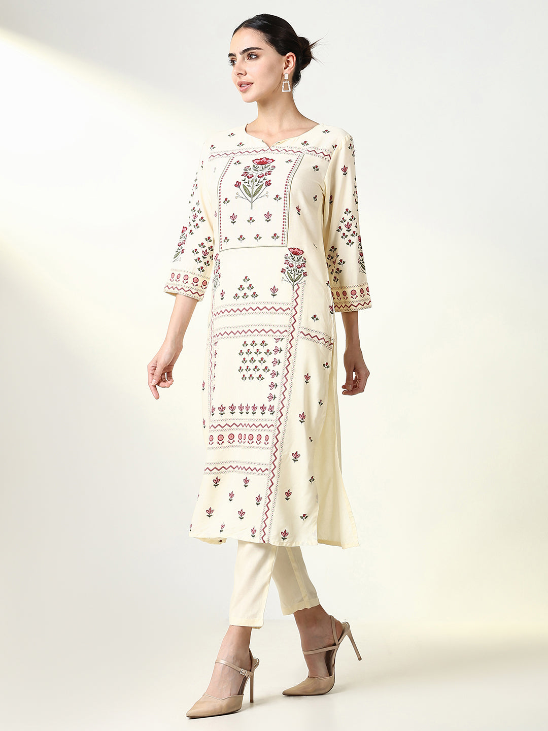 Women Floral Cream Straight Kurta Set with Dupatta