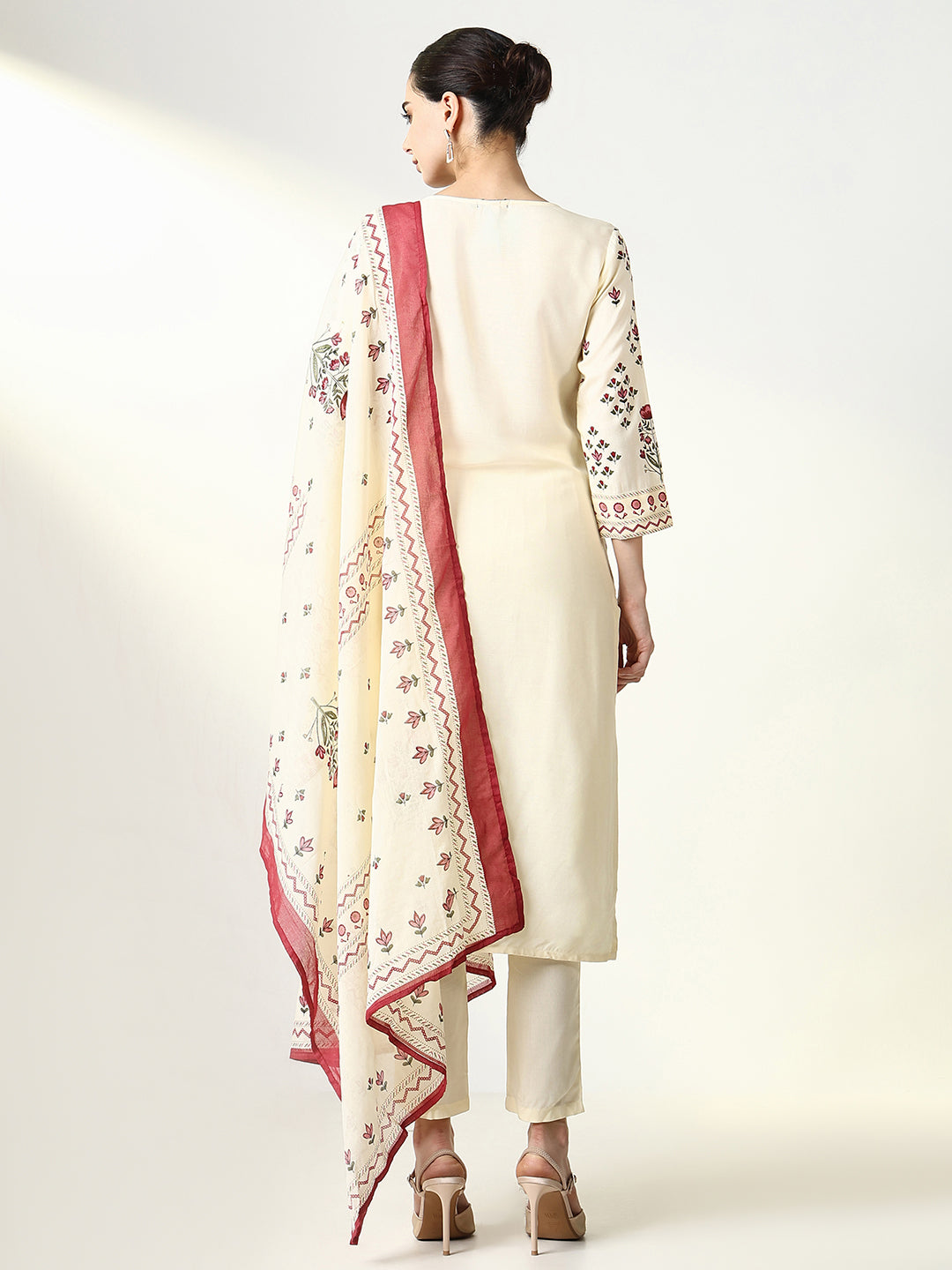 Women Floral Cream Straight Kurta Set with Dupatta