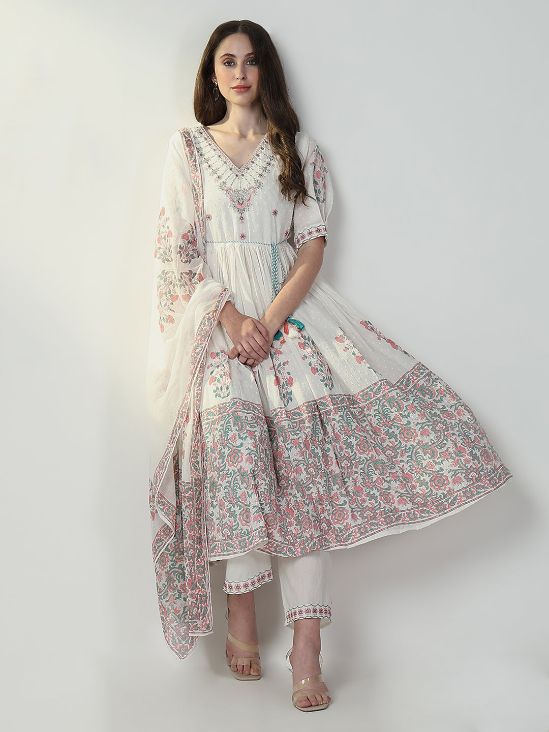 Women Floral White Anarkali Kurta Set with Dupatta