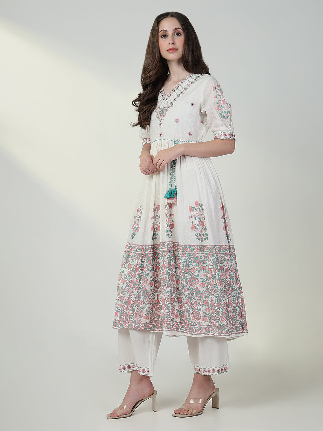 Women Floral White Anarkali Kurta Set with Dupatta