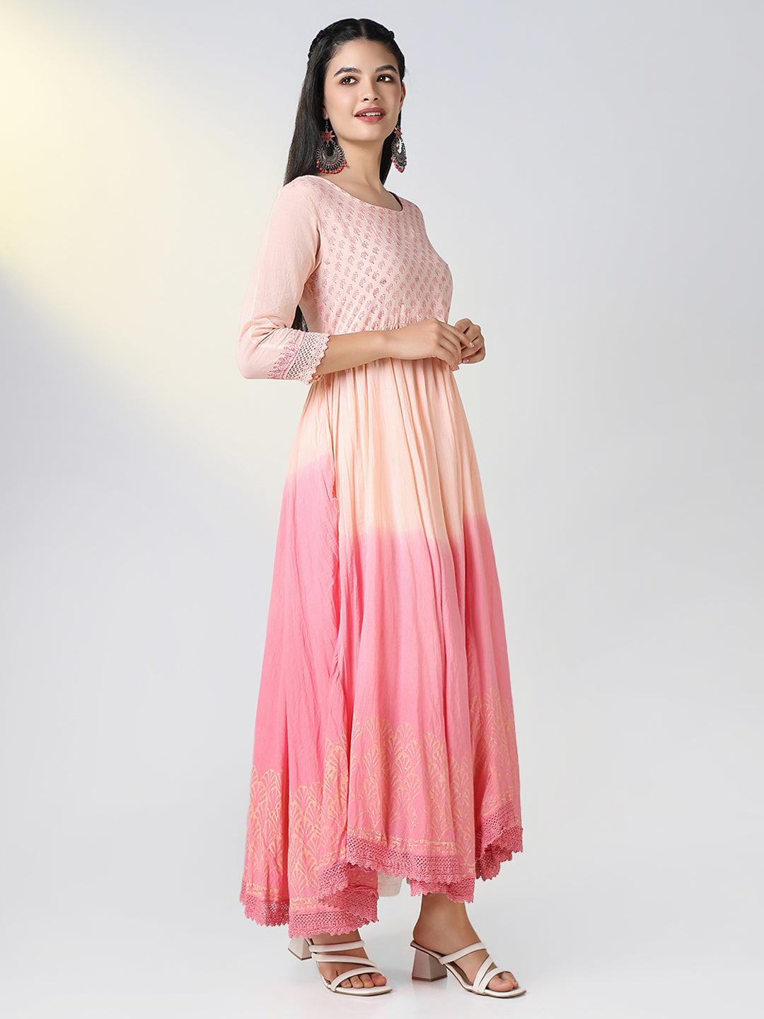 Women Peach Ethnic Motifs Anarkali Kurta with Overcoat