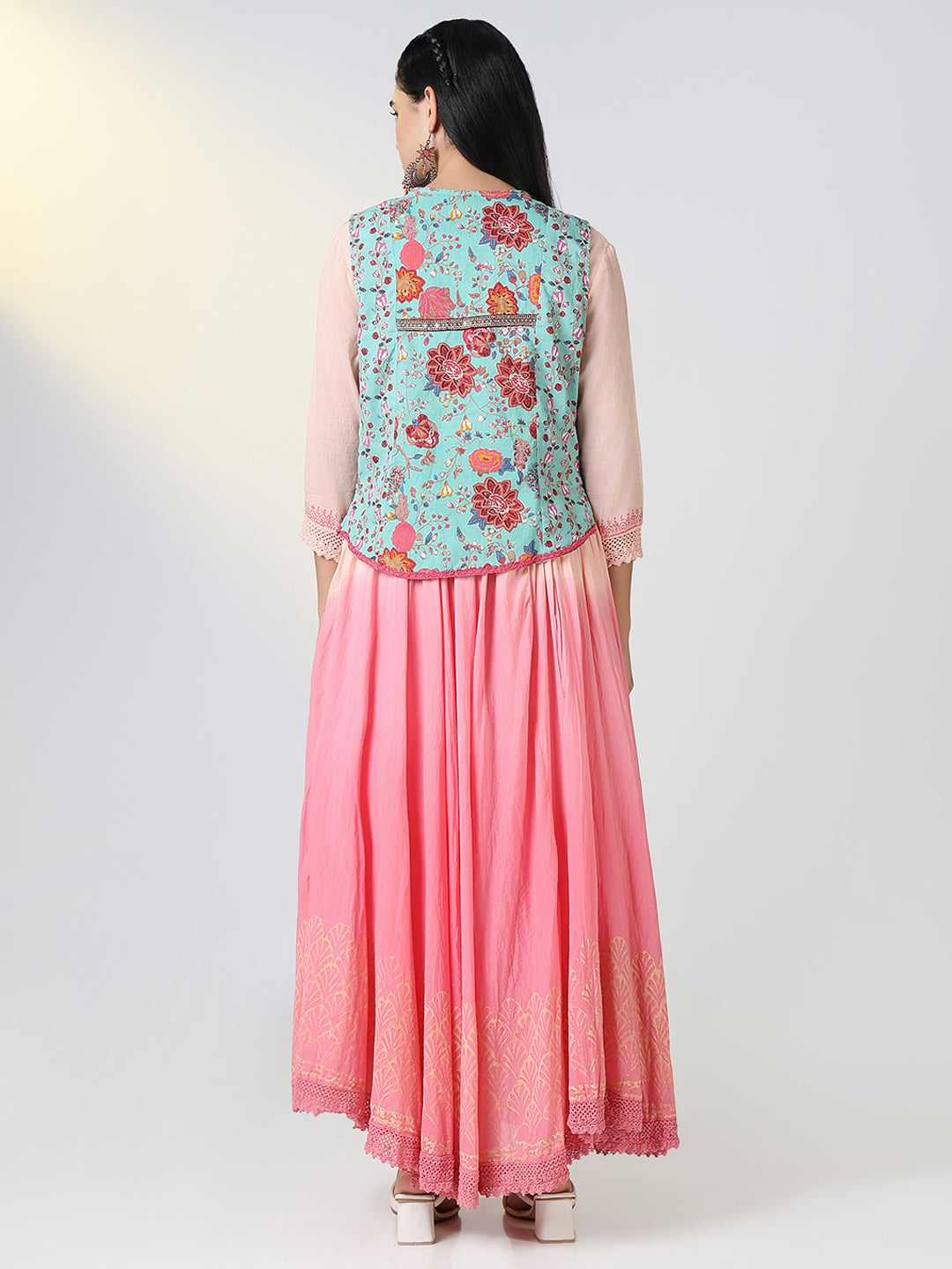 Women Peach Ethnic Motifs Anarkali Kurta with Overcoat