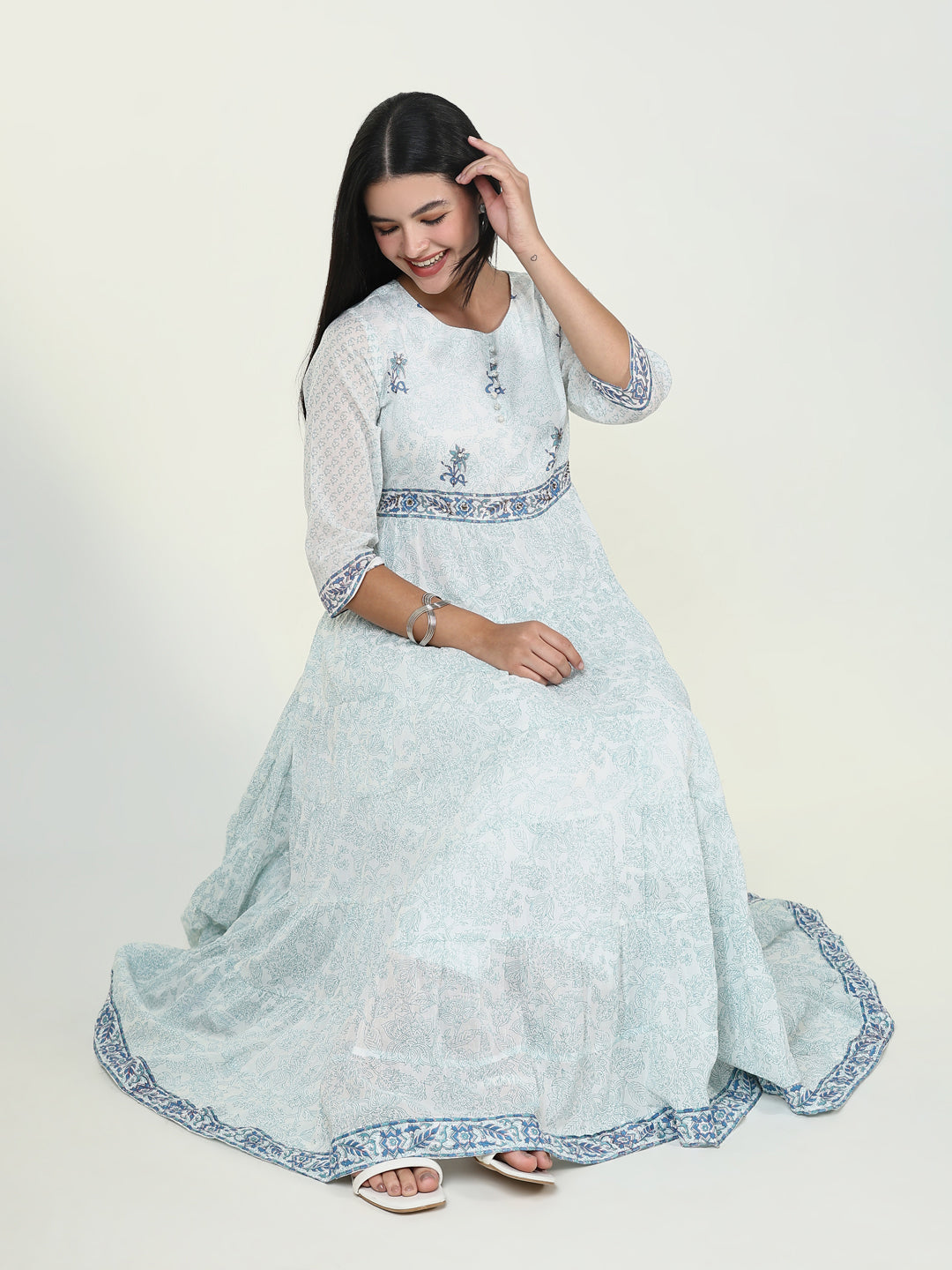 Women Floral Blue Anarkali Kurta