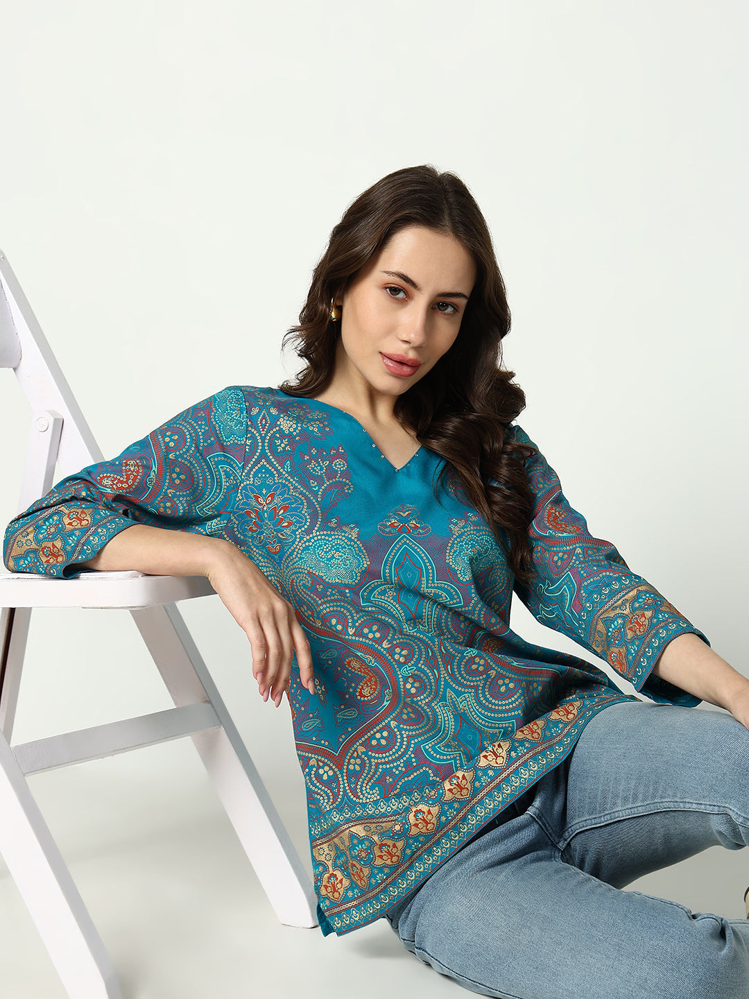 Women Blue Ethnic Motifs Straight Kurti