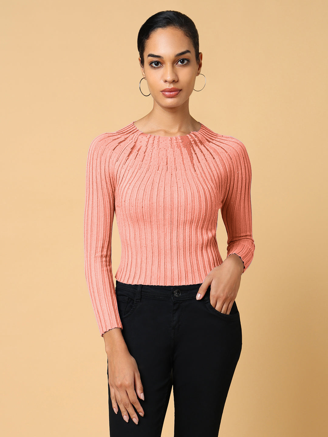 Women Self Design Peach Round Neck Crochet Top