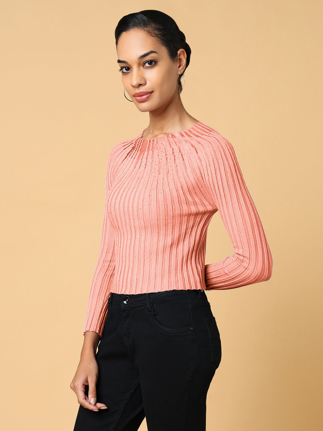 Women Self Design Peach Round Neck Crochet Top