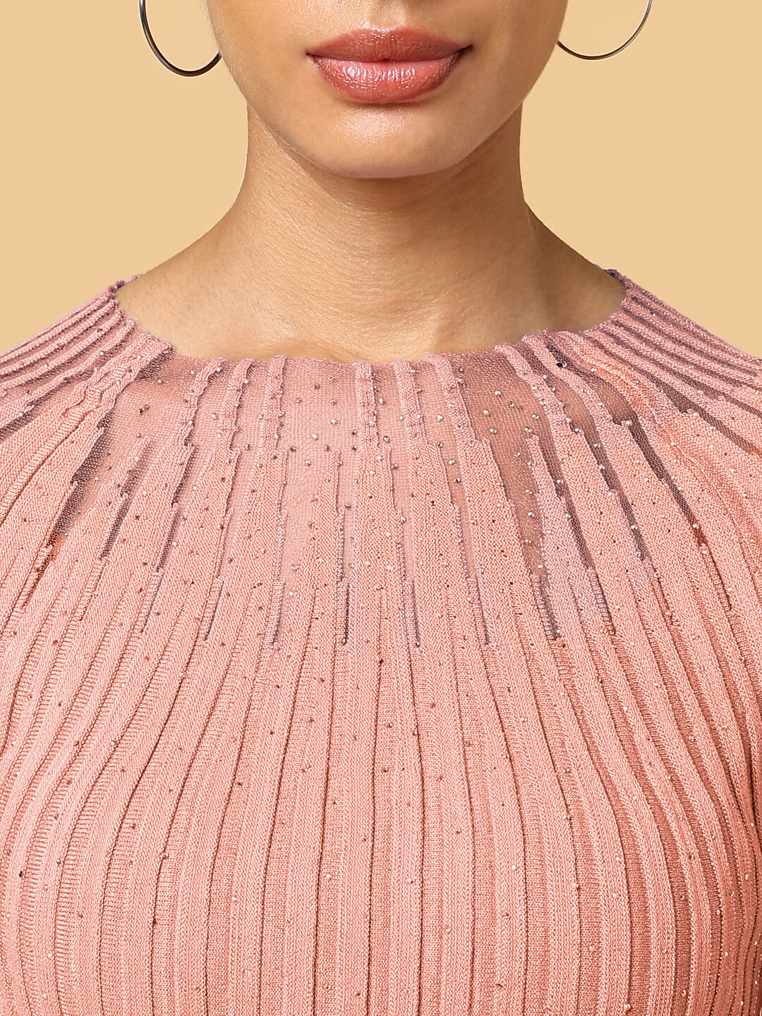 Women Self Design Peach Round Neck Crochet Top