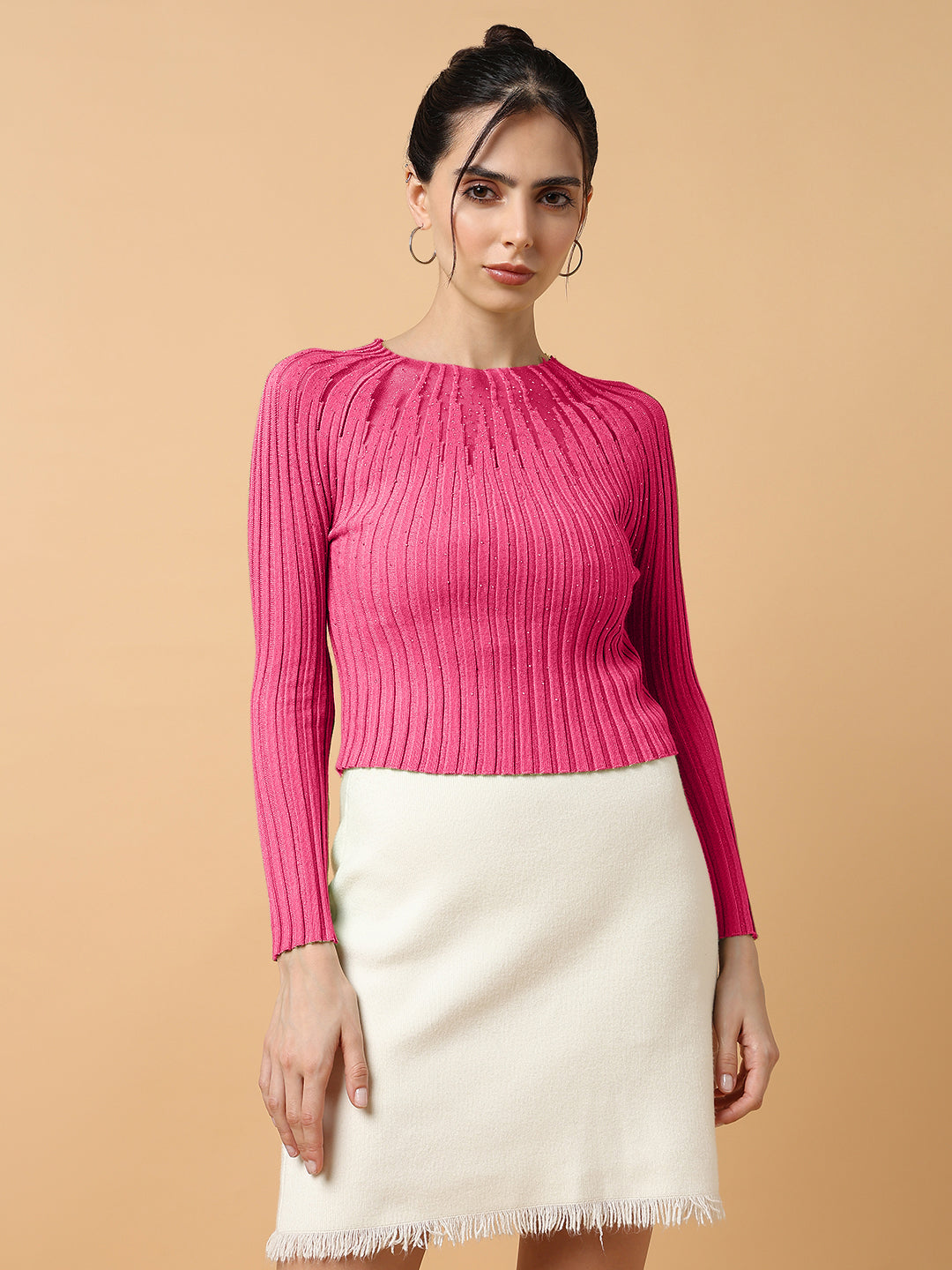 Women Self Design Pink Round Neck Crochet Top