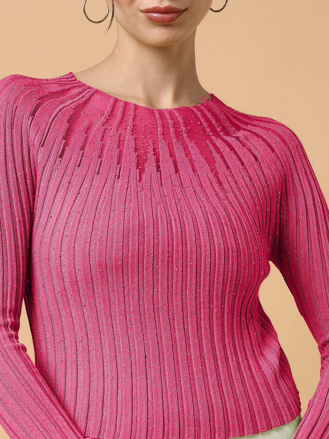 Women Self Design Pink Round Neck Crochet Top