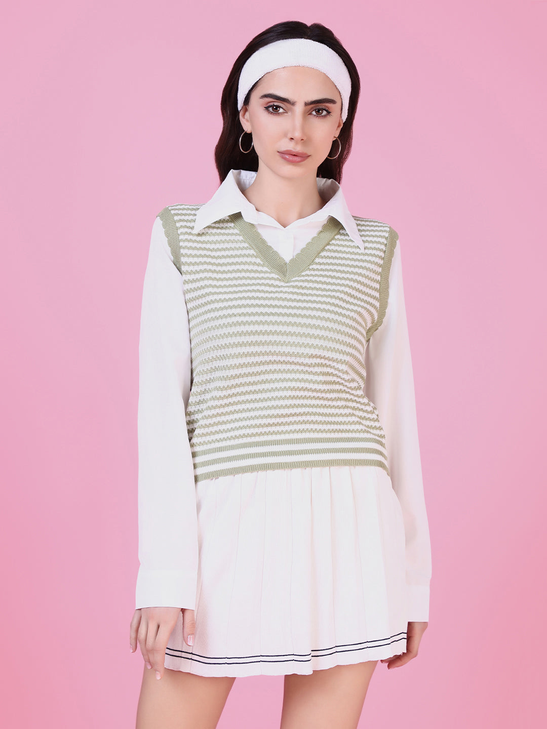 Women Green Striped Shirt Style Top