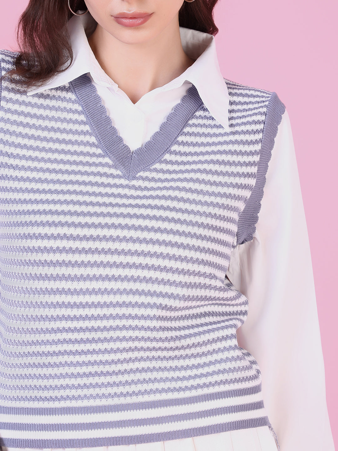 Women Grey Striped Shirt Style Top