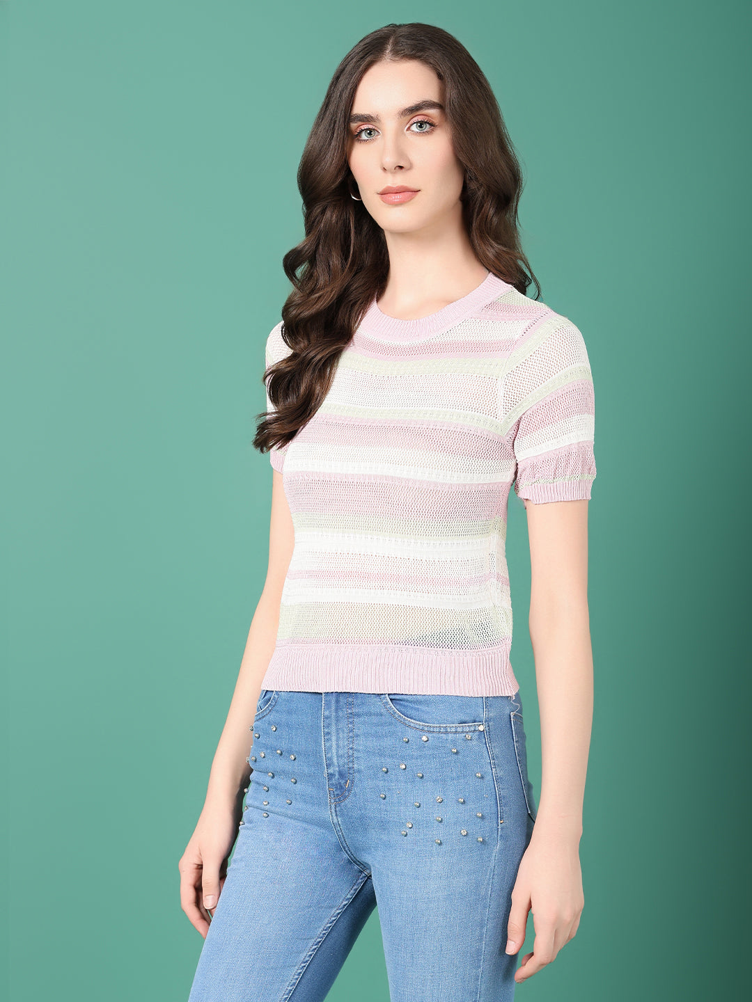 Women Peach Striped Crochet Top