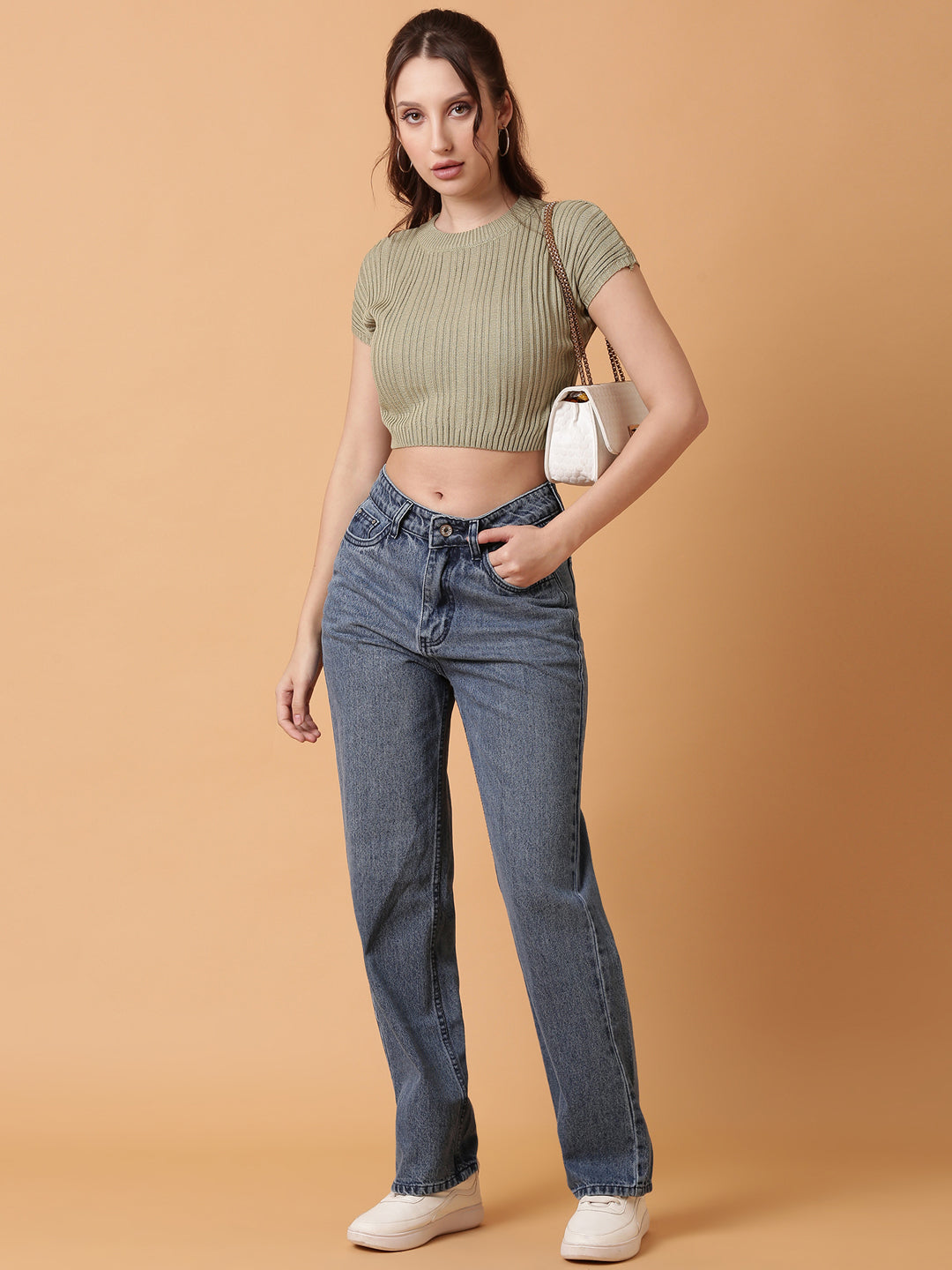 Women Green Solid Crop Top