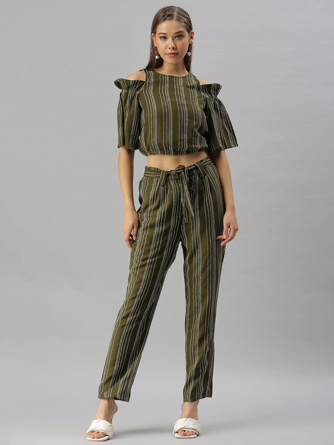 Women Striped Olive Co-Ords Set